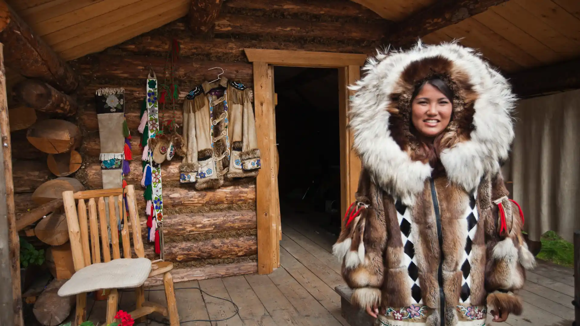 A native Alaskan lady wearing unique Alaskan regional attire